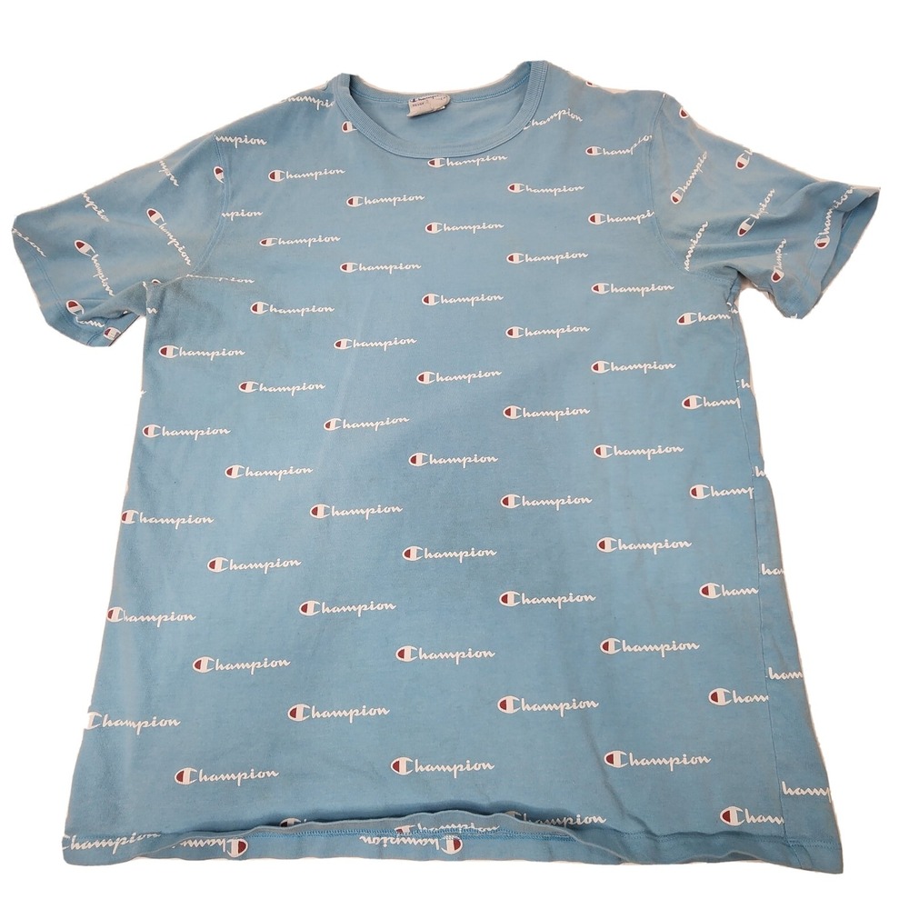 Champion Men's Size XL Heritage Tee Multi Scale Script Running Waves Light Blue